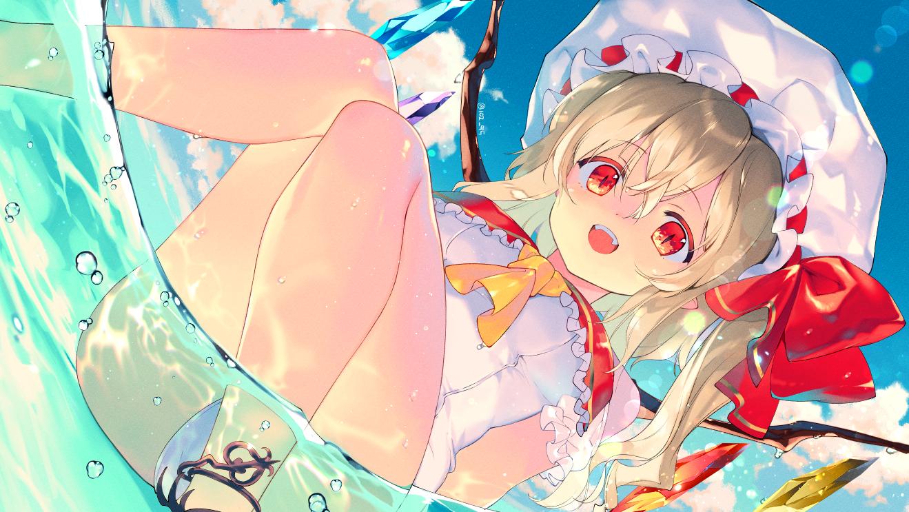1girl, air_bubble, akio_hiiragi, ascot, bare_legs, blonde_hair, blue_sky, bubble