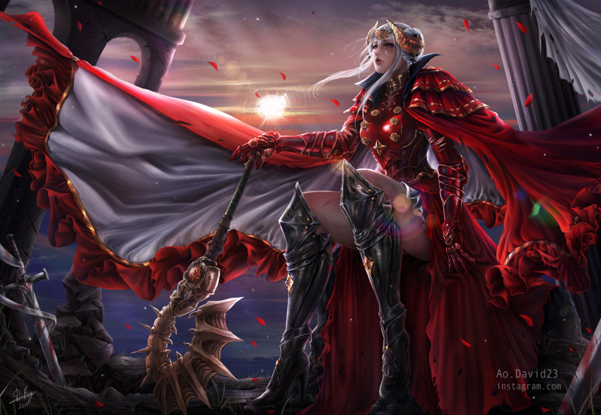 1girl, absurdres, aodavid23, armor, armored_boots, armored_dress, artist_name, axe