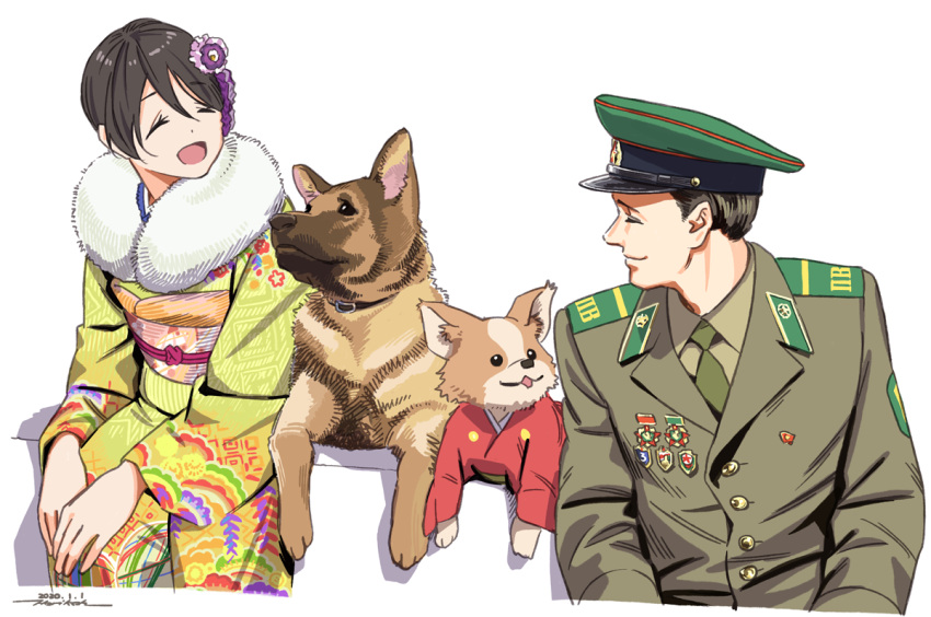 1boy, 1girl, :d, blue_eyes, brown_hair, chikuwa_(yurucamp), closed_eyes, dog