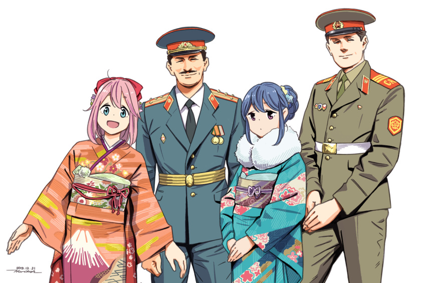 2boys, 2girls, :d, belt, blue_eyes, blue_hair, bow, character_request