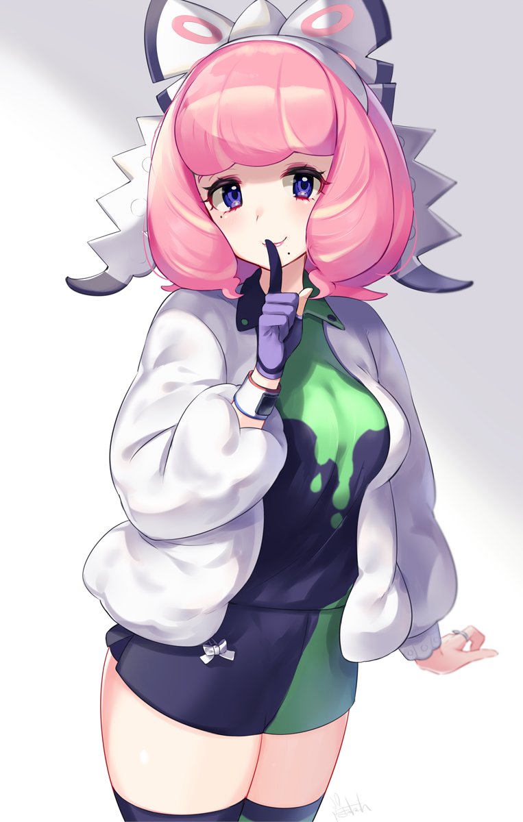 1girl, bow, breasts, cowboy_shot, finger_to_mouth, hair_bow, highres, index_finger_raised