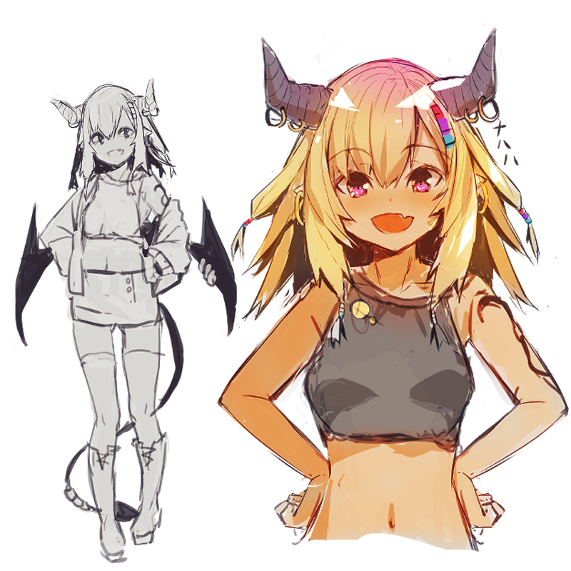 1girl, :d, bangs, bare_arms, bare_shoulders, black_shirt, blonde_hair, blush, boots, collarbone, commentary_request, demon_girl, demon_horns, demon_tail, demon_wings, ear_piercing, eyebrows_visible_through_hair, fang, hair_between_eyes, hands_on_hips, horn_piercing, horns, jacket, knee_boots, long_hair, looking_at_viewer, midriff, multiple_views, navel, off_shoulder, open_clothes, open_jacket, open_mouth, original, piercing, shirt, simple_background, skirt, sleeveless, sleeveless_shirt, smile, standing, tail, thigh-highs, thighhighs_under_boots, violet_eyes, white_background, wing_piercing, wings, yuuji_(yukimimi)