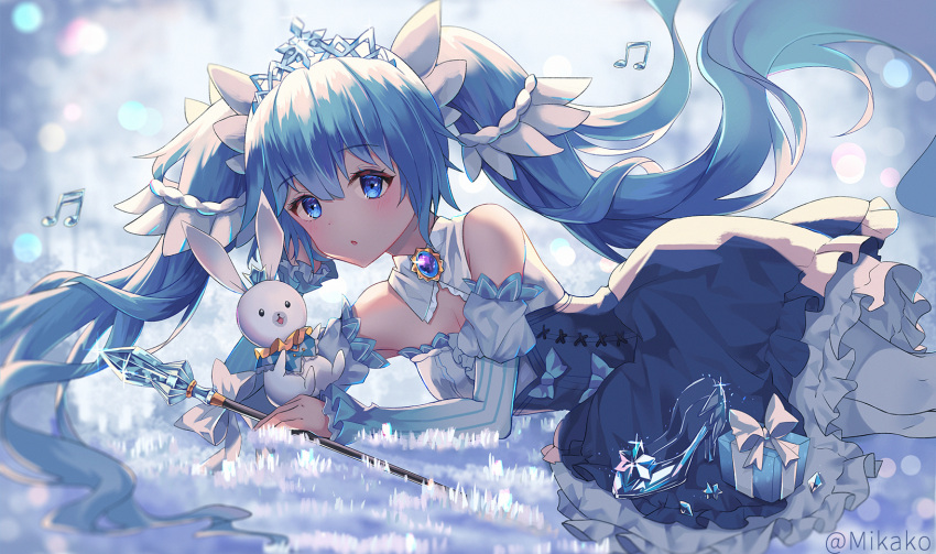 1girl, amulet, arm_support, beamed_eighth_notes, beamed_sixteenth_notes, blue_dress, blue_eyes, blue_hair