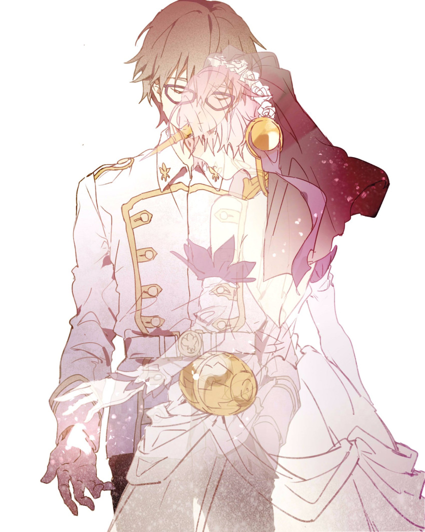 1boy, 1girl, brown_hair, caules_forvedge_yggdmillennia, closed_eyes, dress, elbow_gloves, fate/apocrypha