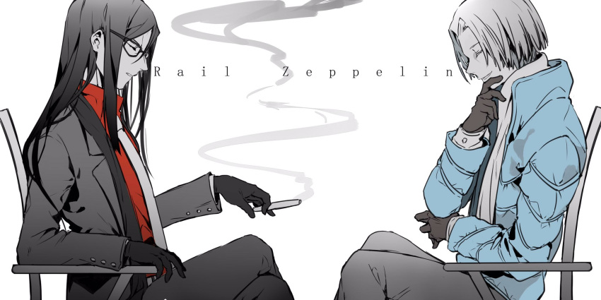 2boys, bespectacled, blue_jacket, chair, cigarette, closed_eyes, fate_(series), formal
