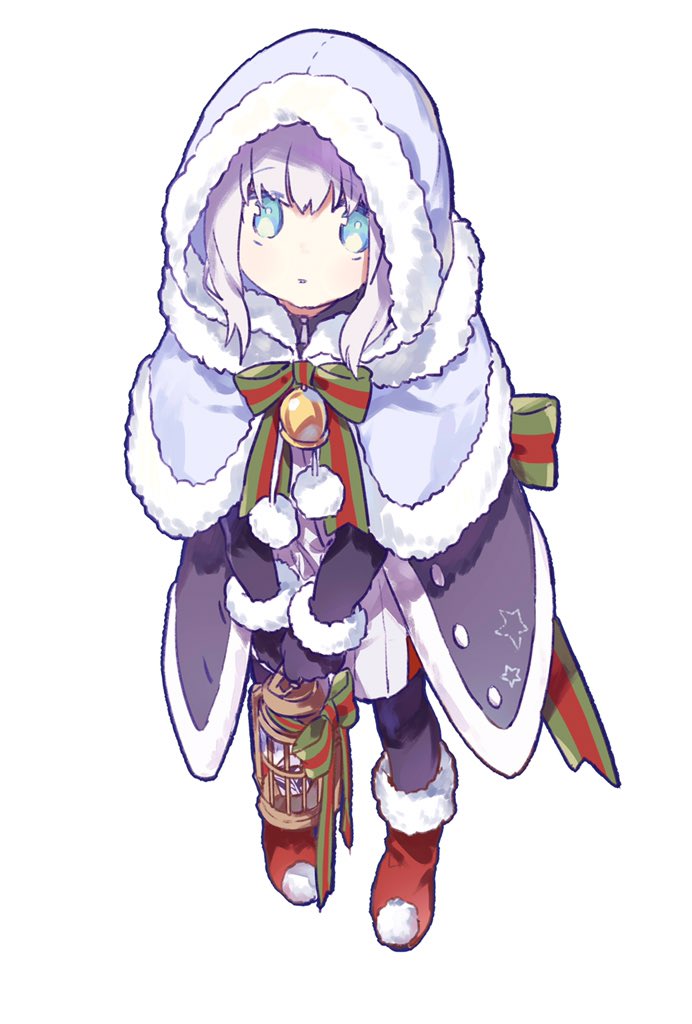1girl, add_(lord_el-melloi_ii), bell, black_gloves, blue_hair, boots, bow, cage, capelet, christmas, fate_(series), fur-trimmed_capelet, fur_trim, gloves, gray_(lord_el-melloi_ii), grey_hair, hair_between_eyes, hood, hood_up, long_sleeves, looking_at_viewer, lord_el-melloi_ii_case_files, mittens, redoxhn, solo, thigh-highs