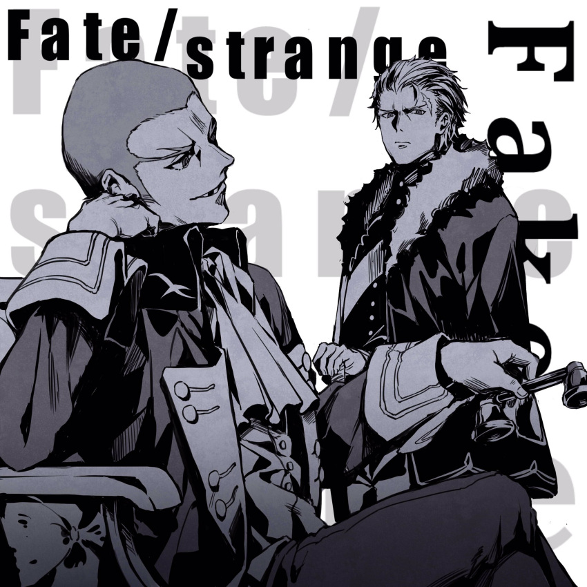2boys, buzz_cut, caster_(fate/strange_fake), chair, coat, copyright_name, elbow_rest, fate/strange_fake