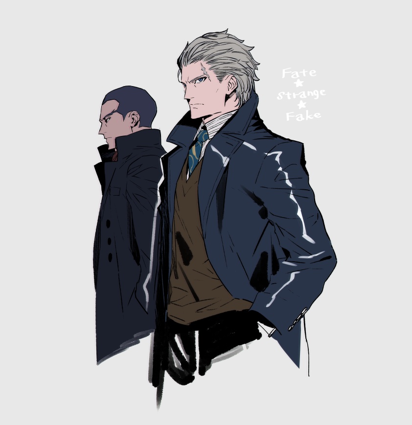 2boys, buzz_cut, caster_(fate/strange_fake), dark_skin, dark_skinned_male, fate/strange_fake, fate_(series), grey_hair
