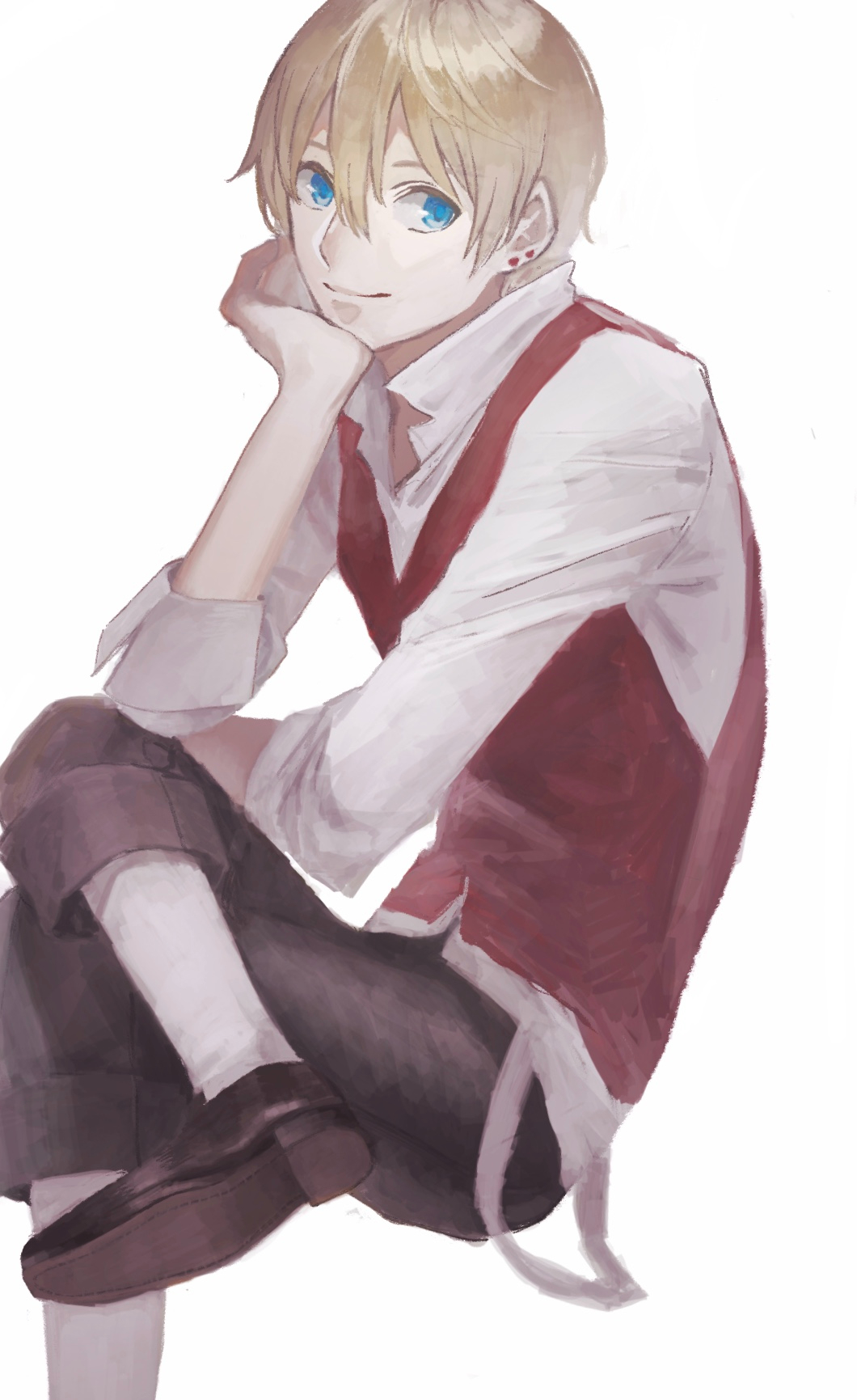 1boy, blonde_hair, blue_eyes, crossed_legs, earrings, elbow_rest, fate/strange_fake, fate_(series), flat_eskardos, highres, jewelry, looking_at_viewer, makimura_(miwmiw-cage), male_focus, sitting, smile, socks, solo, vest