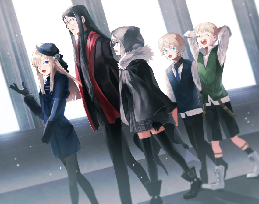 2girls, 3boys, black_gloves, black_hair, black_legwear, blonde_hair, day, dutch_angle