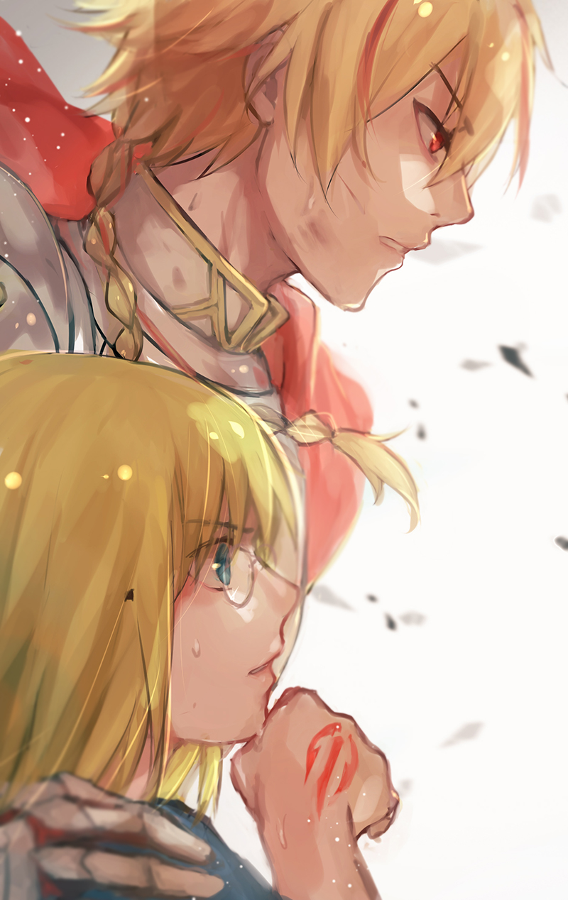 1boy, 1girl, armor, blonde_hair, braid, cape, command_spell, fate/strange_fake