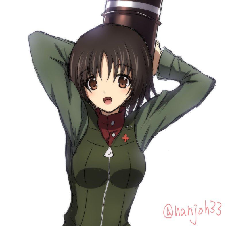 1girl, alina_(girls_und_panzer), arms_up, bangs, black_vest, brown_eyes, brown_hair, commentary