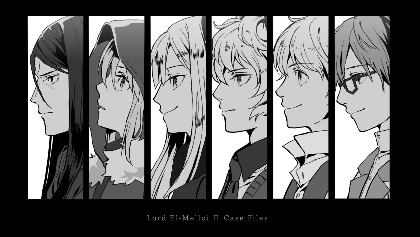 2girls, 4boys, caules_forvedge_yggdmillennia, column_lineup, copyright_name, fate_(series), flat_eskardos, frown