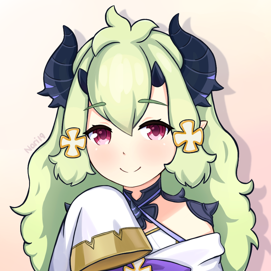 1girl, alencia_(epic7), artist_name, bangs, black_horns, epic7, green_hair, hair_ornament