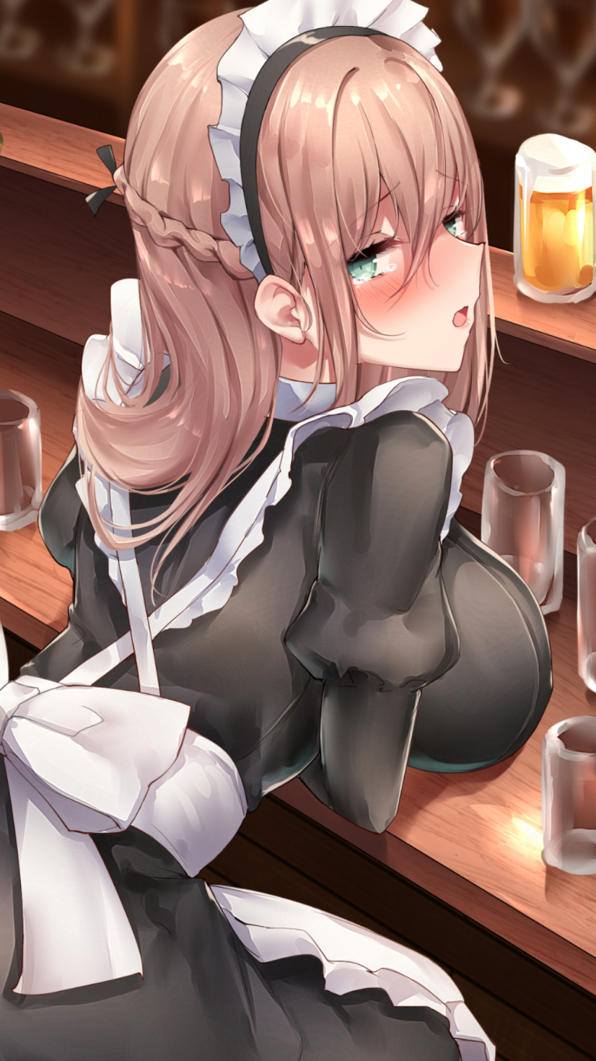 1girl, alcohol, apron, aqua_eyes, beer, beer_mug, black_dress, blurry