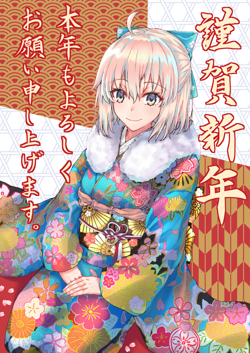 1girl, absurdres, alternate_costume, blonde_hair, blue_bow, blue_kimono, bow, commentary_request
