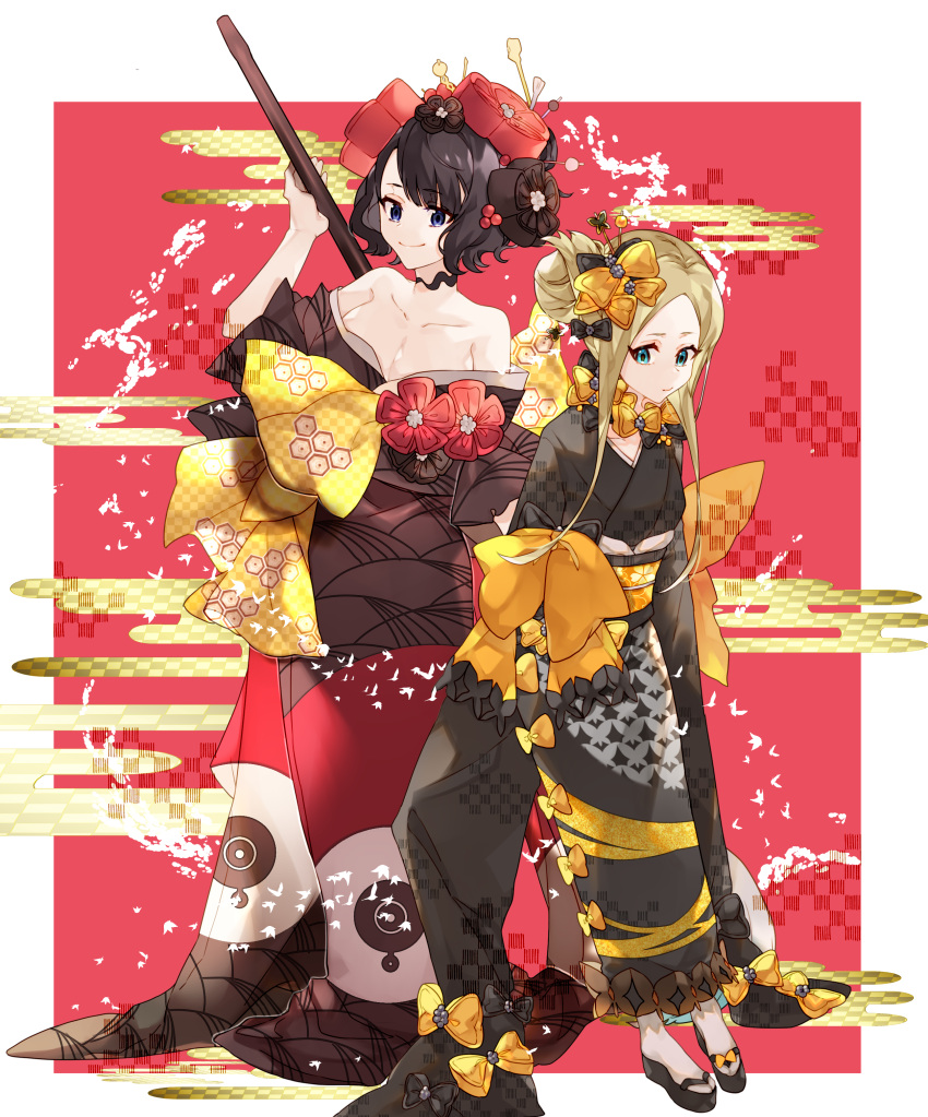 2girls, abigail_williams_(fate/grand_order), absurdres, animal_print, bangs, bare_shoulders, black_bow, black_flower