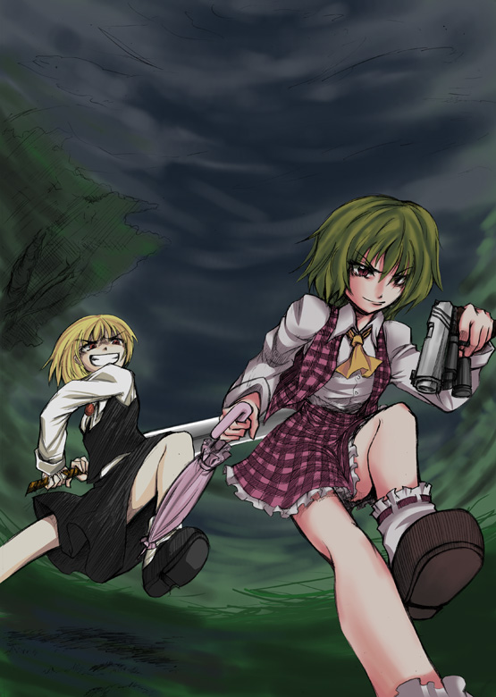 bad_id, blonde_hair, closed_umbrella, evil_grin, evil_smile, ex-rumia, ex_rumia, from_below