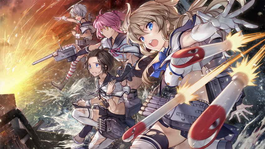 4girls, abyss_horizon, achan_(blue_semi), black_hair, blonde_hair, blue_eyes, boots, breasts