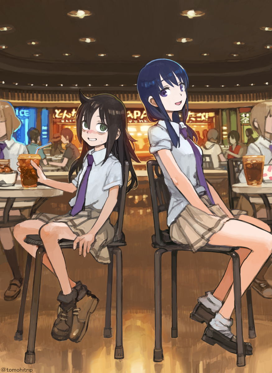 4girls, :d, arm_support, bags_under_eyes, bangs, bare_legs, between_legs, between_thighs