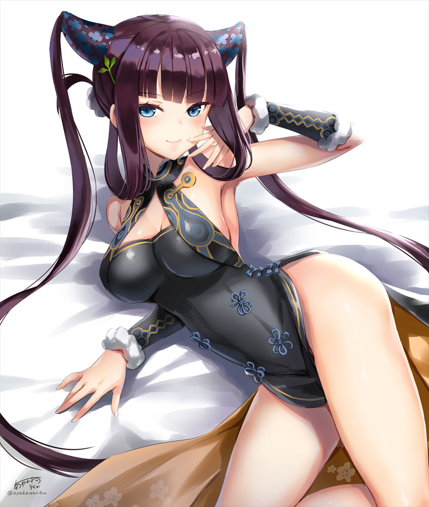 1girl, ayakawa_riku, bangs, bare_shoulders, black_dress, blue_eyes, blunt_bangs, breasts