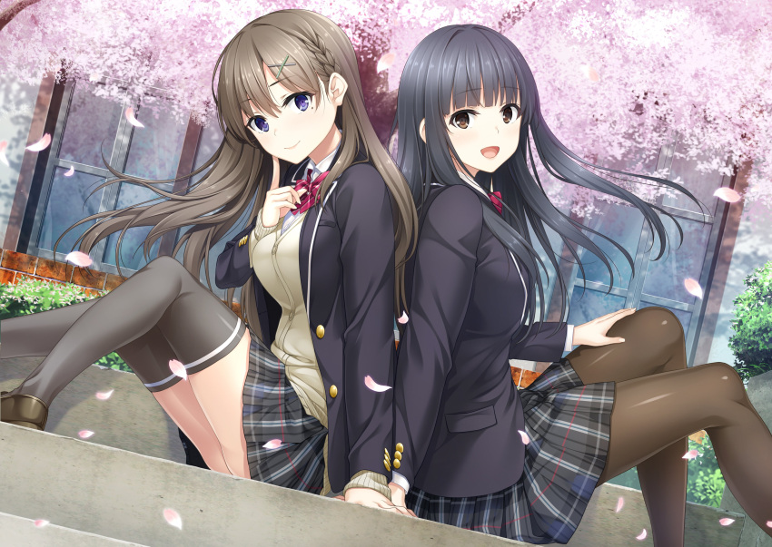 2girls, :d, absurdres, back-to-back, bangs, black_hair, black_jacket, black_skirt