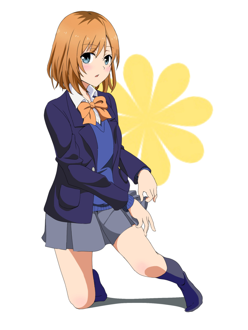 1girl, absurdres, alternate_costume, bangs, blazer, blue_eyes, blue_jacket, blue_sweater, blush, brown_hair, collared_shirt, dress_shirt, eyebrows_visible_through_hair, grey_legwear, grey_skirt, hair_between_eyes, highres, hugimosi, jacket, kneehighs, long_sleeves, looking_at_viewer, medium_hair, miniskirt, miyamori_aoi, one_knee, open_blazer, open_clothes, open_jacket, open_mouth, orange_neckwear, pleated_skirt, school_uniform, shiny, shiny_hair, shirobako, shirt, skirt, solo, sweater, white_background, white_shirt, wing_collar