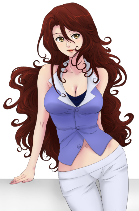 breasts, brown_hair, cleavage, curly_hair, gundam, gundam_00, higi_(pixiv), large_breasts, long_hair, midriff, navel, open_mouth, smile, sumeragi_lee_noriega, yellow_eyes