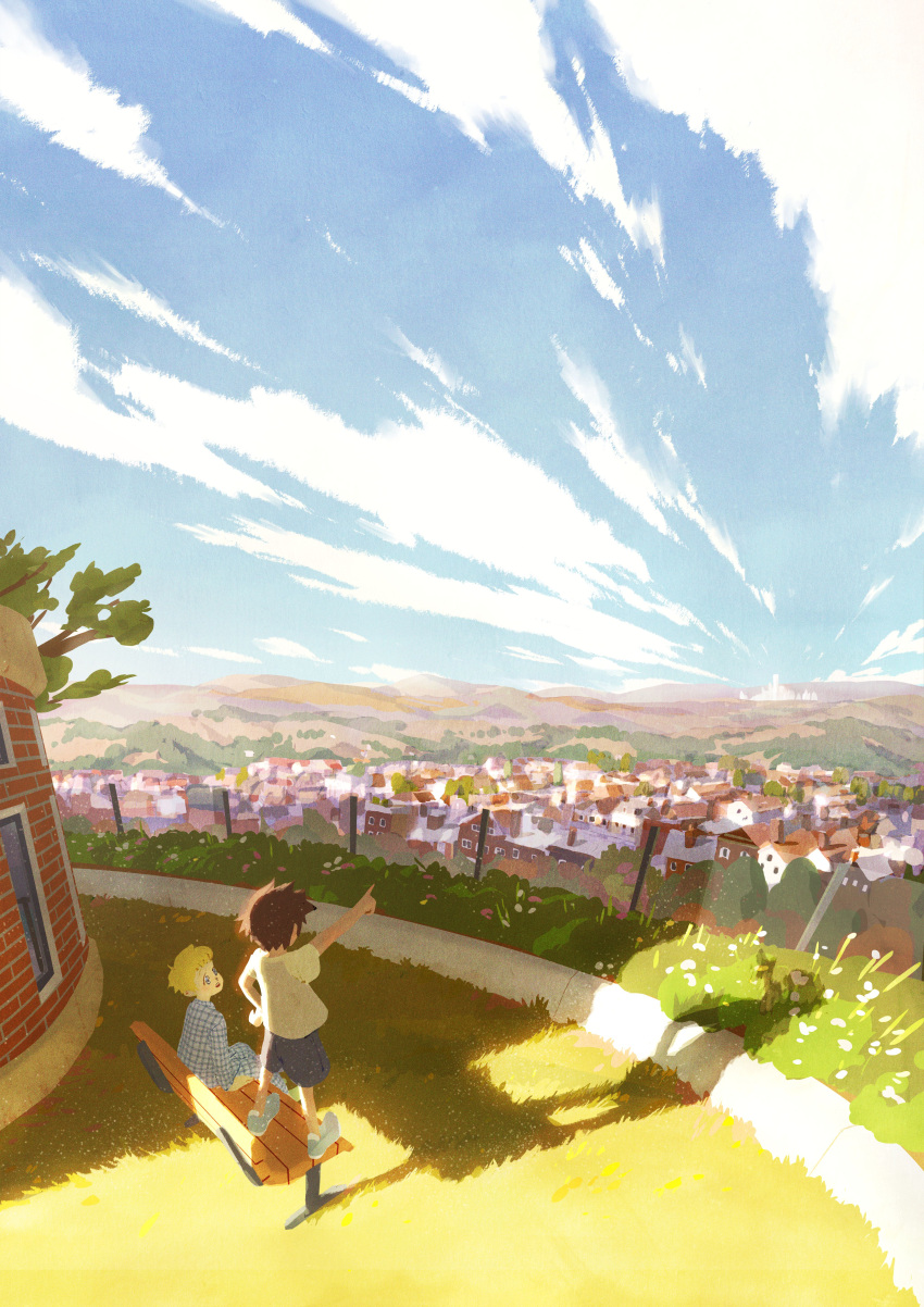 2boys, absurdres, artist_request, bangs, blonde_hair, blue_eyes, blue_footwear, blue_pants, blue_shirt, blue_shorts, blue_sky, blush, brown_hair, bush, child, clouds, day, fence, from_behind, full_body, grass, green_footwear, hand_on_hip, happy, highres, john_(pokemon), long_sleeves, looking_at_another, looking_up, male_focus, multiple_boys, official_art, open_mouth, outdoors, outstretched_arm, pajamas, pants, plaid, plaid_pants, plaid_shirt, pointing, pokemon, pokemon:_twilight_wings, pokemon_(anime), scenery, shadow, shirt, shoes, short_hair, short_sleeves, shorts, sitting, sky, smile, standing, teeth, tommy_(pokemon), town, white_shirt, window