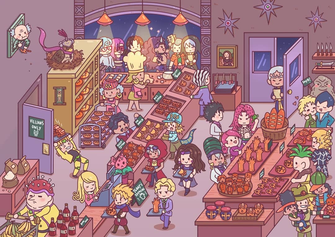 1girl, 6+boys, arrow_(jojo), banana, bastet_(stand), battle_tendency, blood, boingo, bread, chodan_chomon, daniel_d'arby, diamond_wa_kudakenai, diavolo, diego_brando, dio_brando, dual_persona, enrico_pucci, esidisi, everyone, fine_art_parody, fish, food, formaggio, fruit, funny_valentine, gelato_(jojo), ghiaccio, hol_horse, illuso, jean_pierre_polnareff, jojo_no_kimyou_na_bouken, joseph_joestar, kakyouin_noriaki, kars_(jojo), katagiri_anjuurou, kawajiri_kousaku, killer_queen, king_crimson_(stand), kira_yoshihiro, kira_yoshikage, knife, kuujou_joutarou, mariah, melone, mohammed_avdol, mona_lisa, multiple_boys, multiple_persona, nekogusa_(jojo), oingo, parody, pesci, pet_shop, phantom_blood, polpo, prosciutto, risotto_nero, sheer_heart_attack, sorbet_(jojo), stardust_crusaders, stone_mask_(jojo), terence_trent_d'arby, the_world, thoth_(stand), vanilla_ice, vento_aureo, vinegar_doppio, wamuu