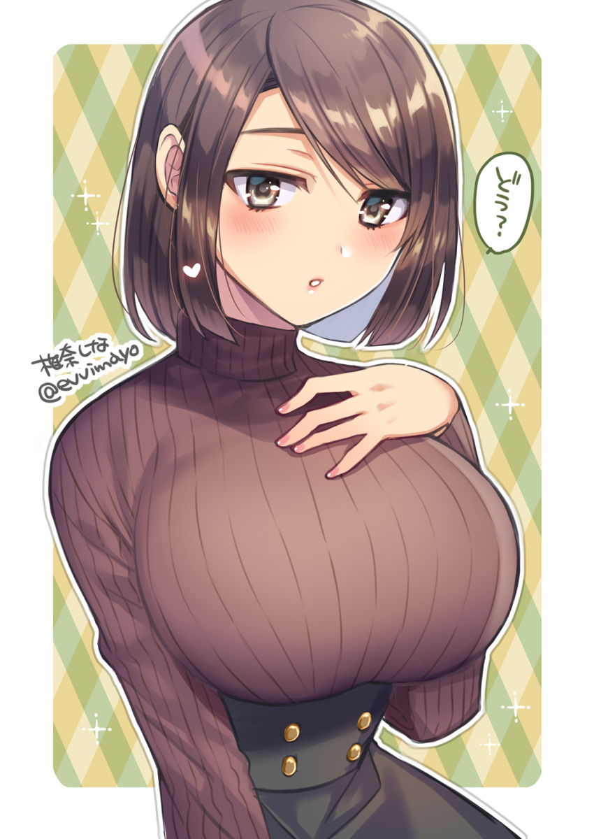 1girl, :o, black_hair, blush, bob_cut, breasts, buttons, dress