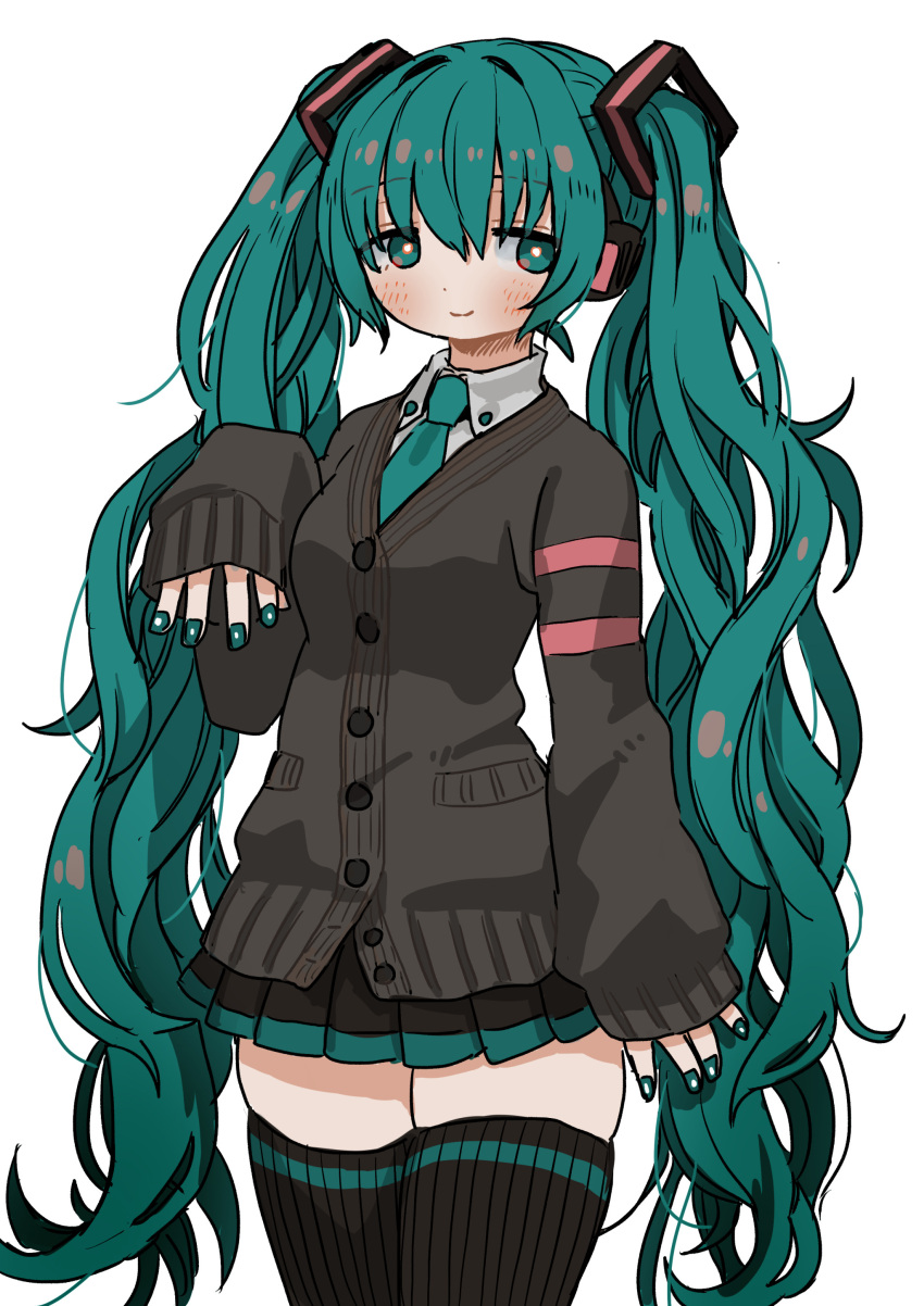 1girl, absurdres, aqua_eyes, aqua_hair, cardigan, commentary, hatsune_miku, headphones