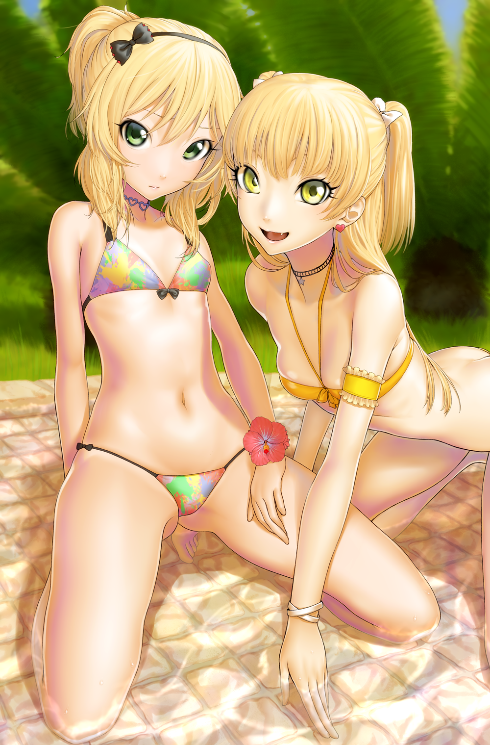 2girls, blonde_hair, breasts, commentary_request, fang, gishu, green_eyes, highres