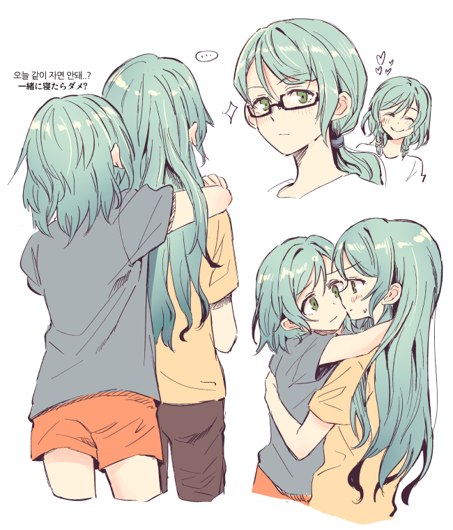 2girls, ^_^, akni, aqua_hair, bang_dream!, bespectacled, bilingual, closed_eyes, frown, glasses, grey_shirt, heart, hikawa_hina, hikawa_sayo, hug, incest, korean_text, long_hair, looking_at_another, multiple_girls, multiple_views, orange_shorts, pants, ponytail, shirt, short_hair, shorts, siblings, side_braids, simple_background, sisters, smile, sparkle, sweatdrop, t-shirt, twincest, twins, white_background, yellow_shirt, yuri