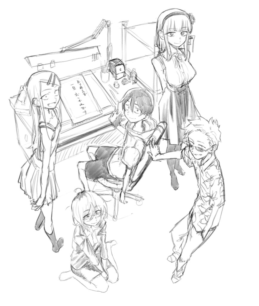 breasts, check_commentary, closed_mouth, commentary_request, dagashi_kashi, endou_saya, endou_tou, flower, greyscale, hair_flower, hair_ornament, hairband, hairclip, kotoyama, long_hair, looking_at_viewer, medium_hair, monochrome, multiple_boys, multiple_girls, open_mouth, owari_hajime, pantyhose, ringed_eyes, sanpaku, shidare_hotaru, shikada_kokonotsu, skirt, smile
