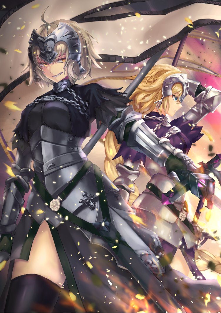 2girls, ahoge, blonde_hair, blue_eyes, braid, chain, fate/grand_order, fate_(series)