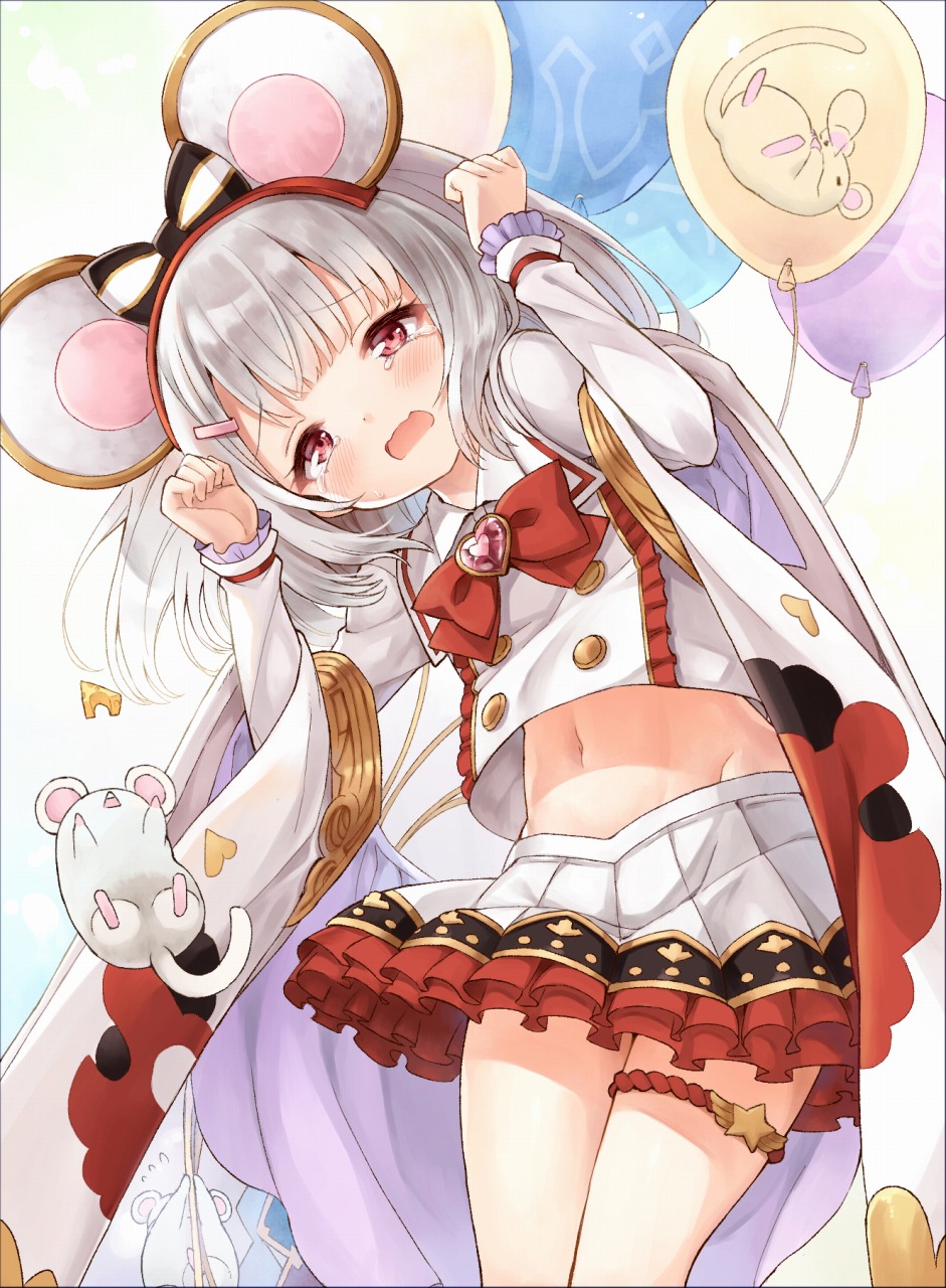 animal_ears, arms_up, balloon, bangs, bow, cheese, commentary, cowboy_shot