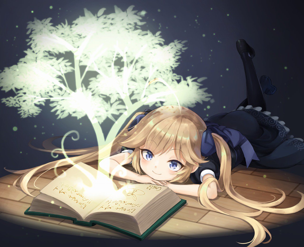 1girl, ahoge, bangs, black_dress, black_footwear, black_legwear, blonde_hair, blue_bow, blue_dress, blue_eyes, book, bow, child, chin_rest, commentary, dress, eyebrows_visible_through_hair, eyes_visible_through_hair, floor, foot_up, fuyu_no_kareha, hair_ribbon, hands_together, head_down, hologram, indoors, light_particles, long_hair, lying, magic, on_floor, on_stomach, open_book, original, pantyhose, picture_book, puffy_short_sleeves, puffy_sleeves, ribbon, runes, sash, shoes, short_sleeves, smile, solo, tree, twintails, wooden_floor