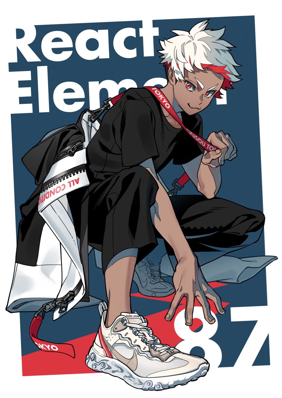 1boy, :3, black_pants, black_shirt, dark_skin, dark_skinned_male, gekitetsu, highres, jacket, male_focus, multicolored_hair, nike, original, pants, red_eyes, shirt, shoes, sneakers, solo, squatting, strap, thick_eyebrows, white_footwear, white_hair