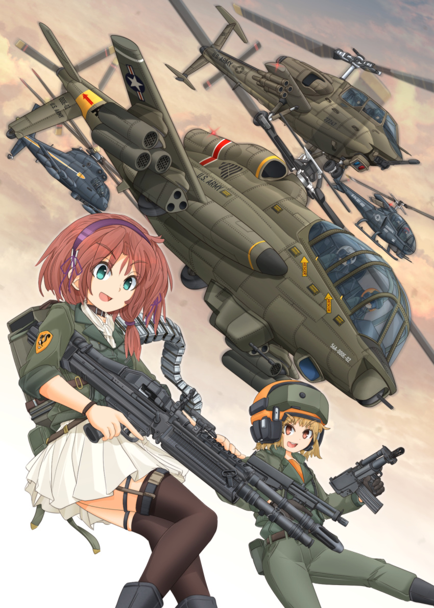 2girls, ah-56_cheyenne, aircraft, ascot, backpack, bag, black_choker, black_footwear
