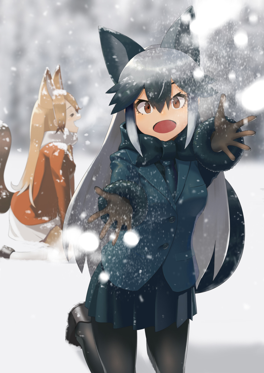 2girls, :d, =_=, animal_ears, autism_wanderer, bangs, black_footwear, black_gloves
