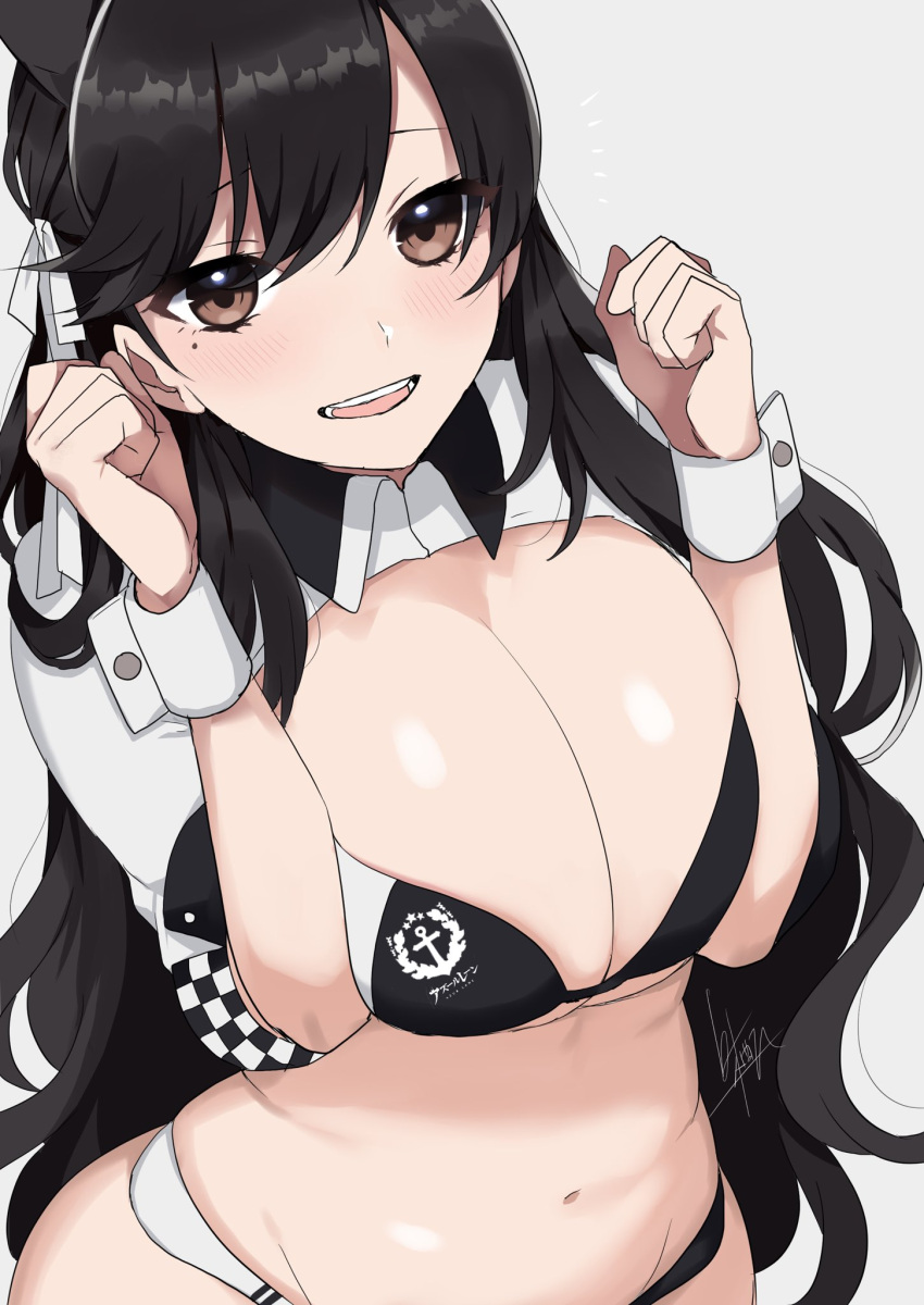 1girl, atago_(azur_lane), azur_lane, bikini_top, black_hair, blush, breast_squeeze, breasts