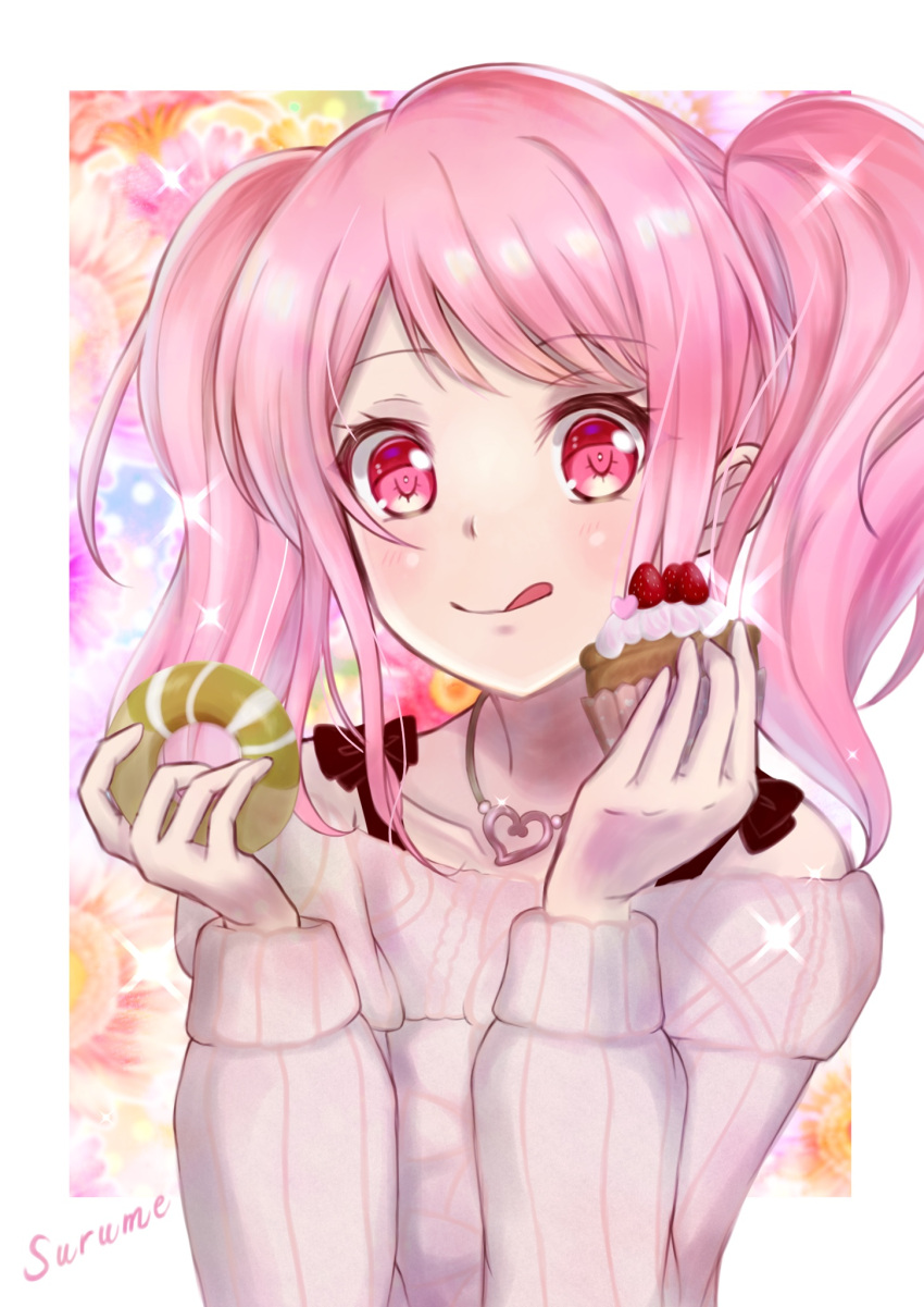 1girl, :q, bang_dream!, bangs, doughnut, eyebrows_visible_through_hair, food, heart, heart_necklace, highres, holding_cake, long_hair, looking_at_viewer, luxunshangxiang, maruyama_aya, off-shoulder_shirt, off_shoulder, pink_hair, red_eyes, ribbed_sweater, shiny, shiny_hair, shirt, solo, sweater, swept_bangs, tongue, tongue_out, upper_body, white_sweater