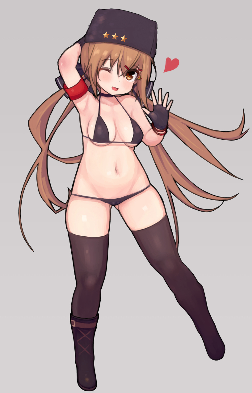 1girl, alternate_costume, bikini, black_bow, black_headwear, blush, boots, bow