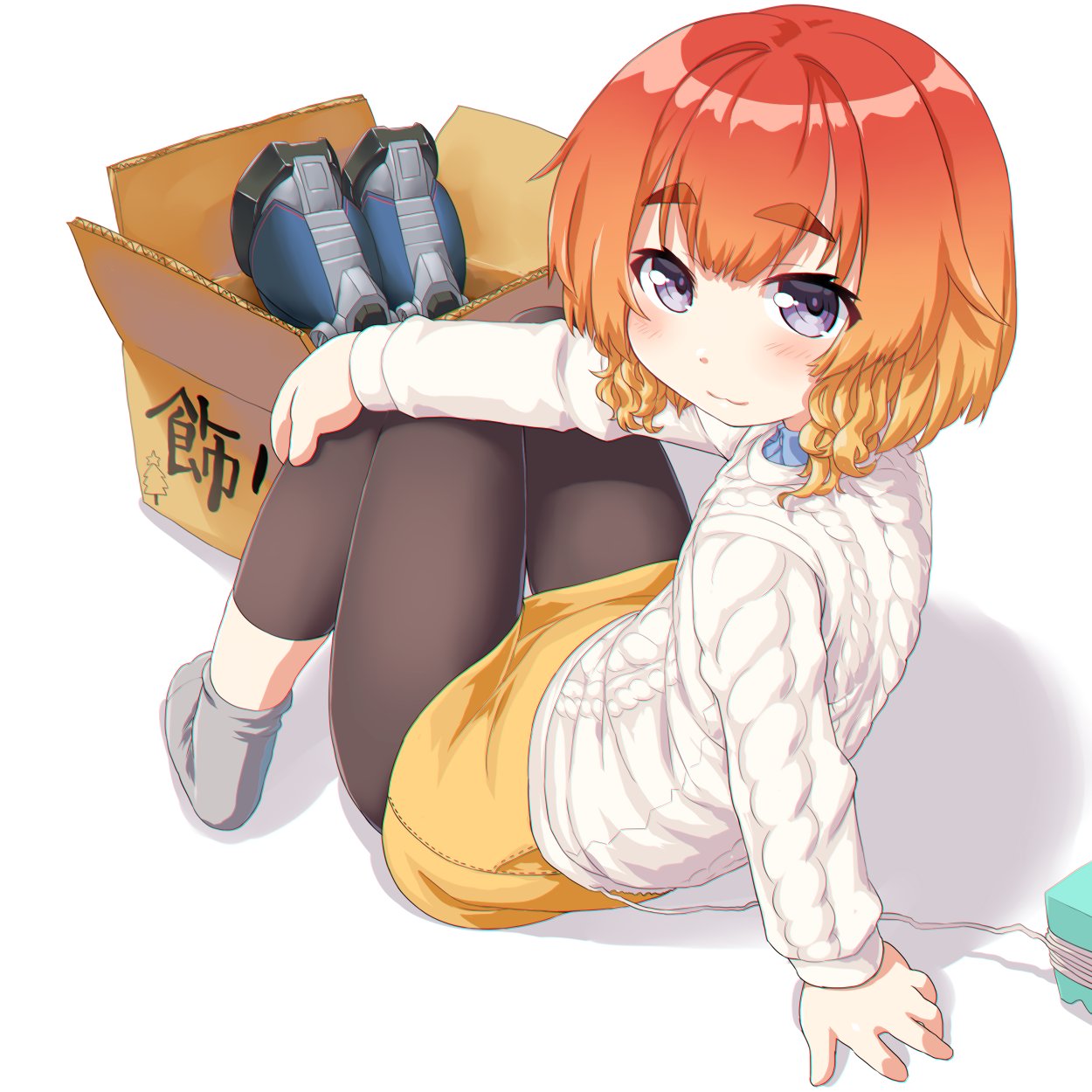 1girl, bangs, black_legwear, blush, box, cardboard_box, dd_(ijigendd), etorofu_(kantai_collection), eyebrows_visible_through_hair, full_body, gradient_hair, highres, kantai_collection, long_sleeves, multicolored_hair, orange_hair, redhead, short_hair, simple_background, sitting, skirt, smile, socks, solo, sweater, thick_eyebrows, violet_eyes, white_background, white_sweater, yellow_skirt