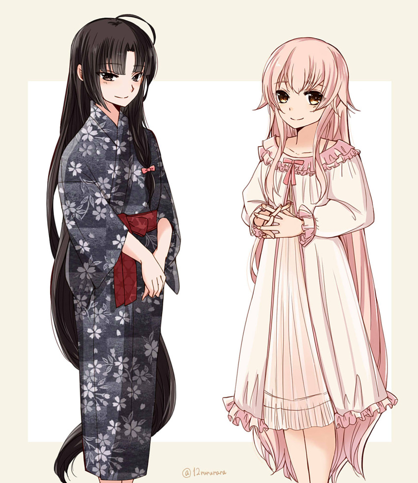 2girls, ahoge, alternate_costume, alternate_hairstyle, bangs, black_hair, blush, dress