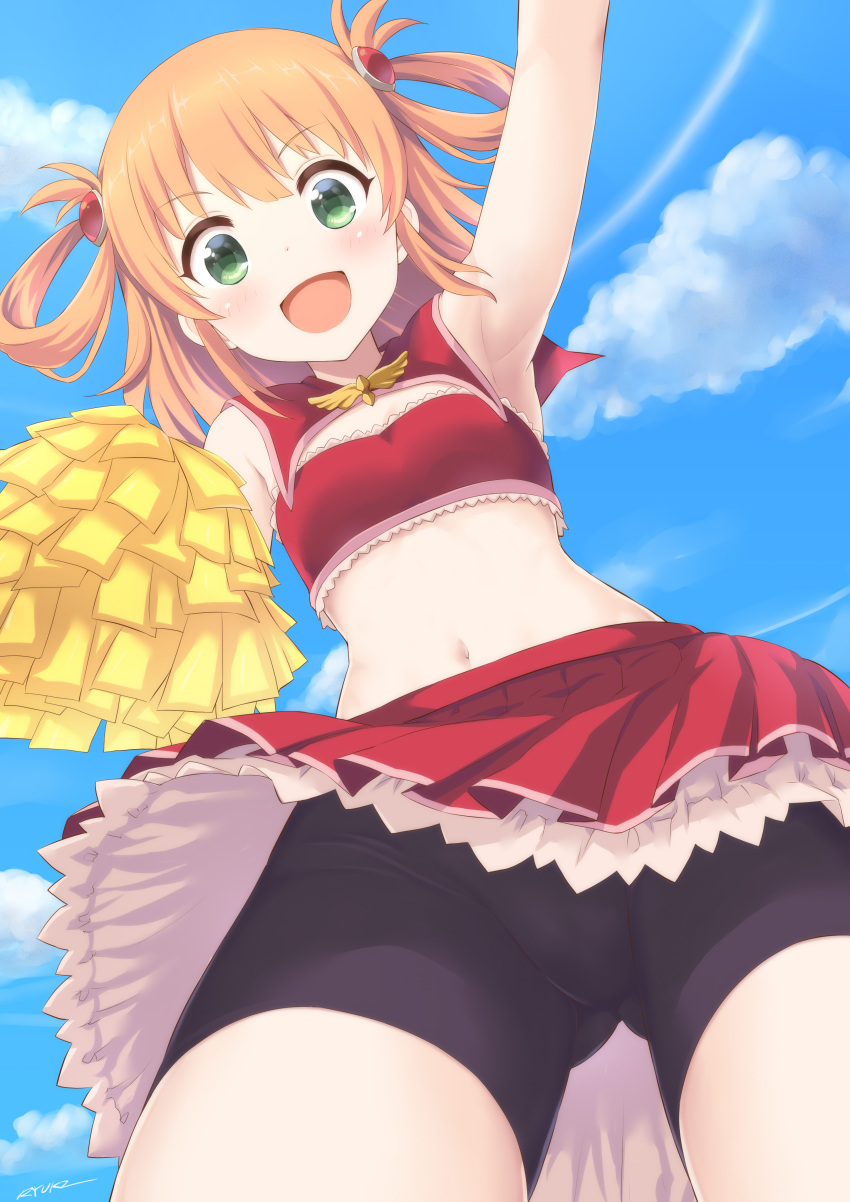 1girl, :d, absurdres, arm_up, armpits, ass_visible_through_thighs, bangs, bare_shoulders