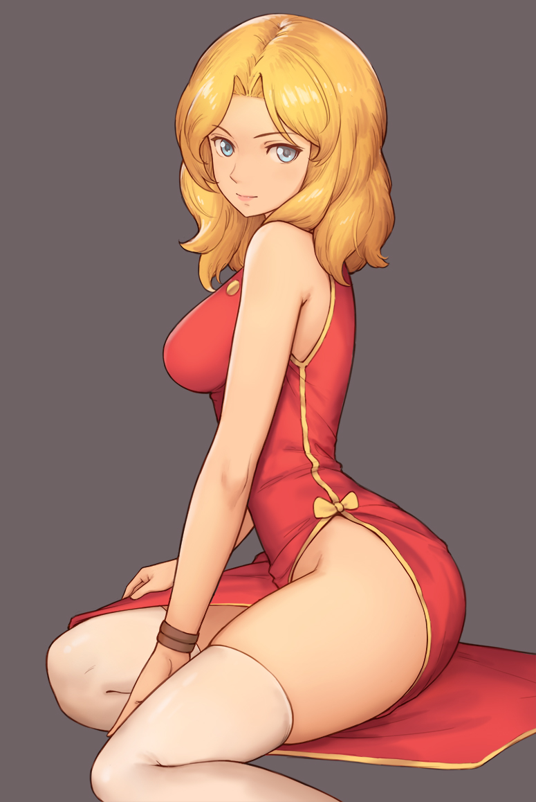 1girl, aqua_eyes, bangs, beltorchika_irma, blonde_hair, bow, breasts, china_dress