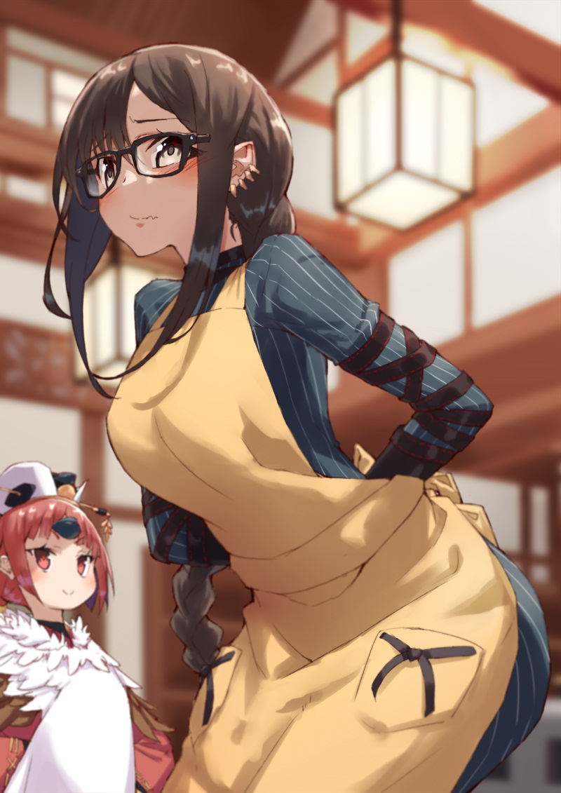 2girls, apron, arms_behind_back, bangs, benienma_(fate/grand_order), bird_hat, black_gloves, blurry