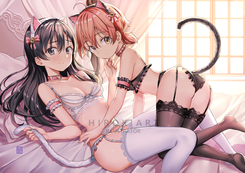 2girls, ahoge, all_fours, animal_ears, artist_name, ass, bangs, bare_shoulders